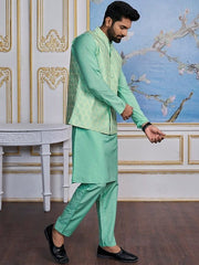 Turquoise Jacquard Kurta With Trouser - Inddus.com