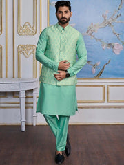 Turquoise Jacquard Kurta With Trouser - Inddus.com