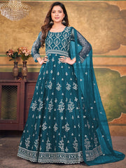 Turquoise Net Partywear Anarkali Suit - Inddus.com