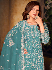 Turquoise Net Partywear Palazzo Suit - Inddus.com