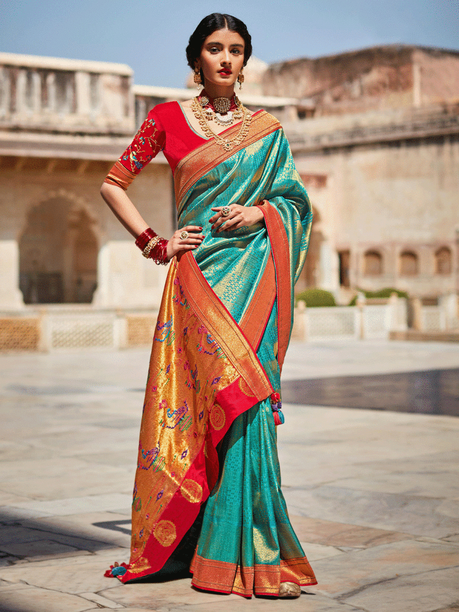 Turquoise Silk Embellished Saree - Inddus.com
