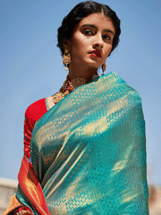 Turquoise Silk Embellished Saree - Inddus.com