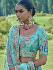 Turquoise Silk Embroidered Lehenga Choli - Inddus.com