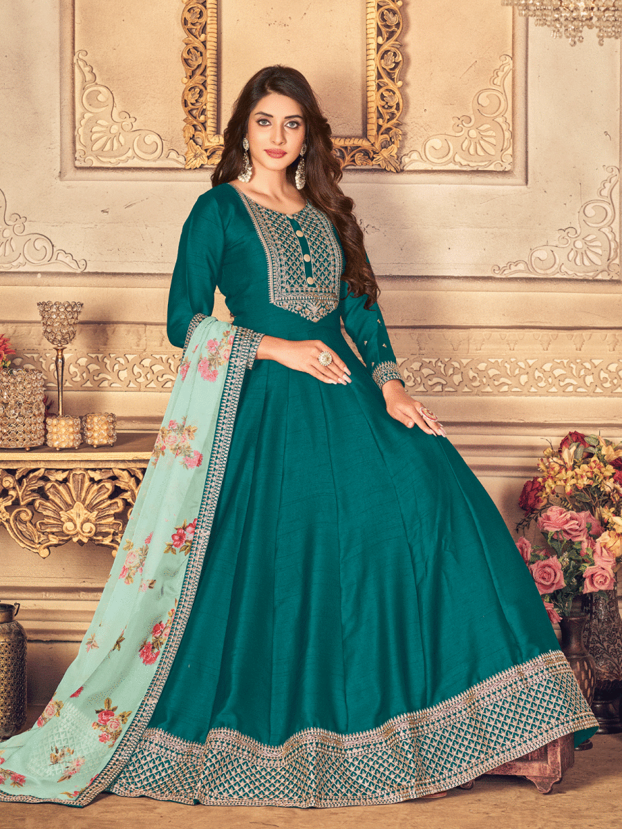 Turquoise Silk Embroidered Partywear Anarkali Gown - Inddus.com