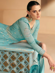 Turquoise Silk Festive Wear Anarkali Suit - Inddus.com