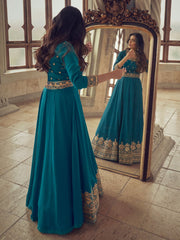 Turquoise Silk Festive Wear Anarkali Suit - Inddus.com