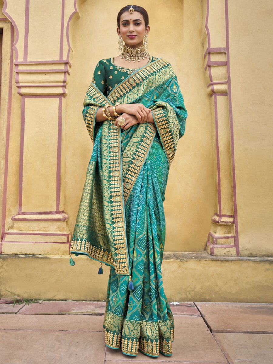 Turquoise Viscose Silk Traditional Saree - Inddus.com