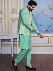 Turquoise Woven Design Nehru Jacket - Inddus.com