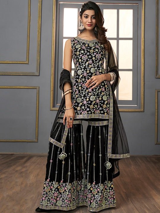 V-Neck Floral Embroidered Sequinned Detailed Kurta & Sharara With Dupatta - Inddus.com