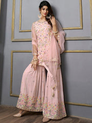 V-Neck Floral Embroidered Sequinned Detailed Kurta & Sharara With Dupatta - Inddus.com