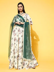 White and Green Party wear Kurta with Dupatta - Inddus.com