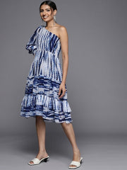 White & Blue Tie & Dyed One Shoulder Layered Chiffon A-Line Midi Dress - Inddus.com