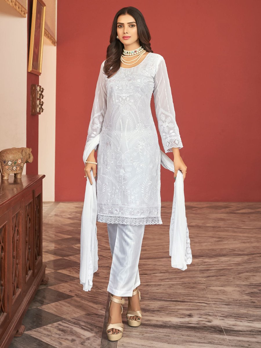 White Embroidered Festive-Wear Straight-Cut-Suit - Inddus.com