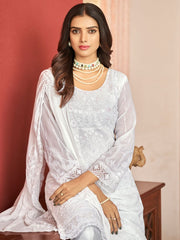 White Embroidered Festive-Wear Straight-Cut-Suit - Inddus.com