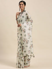 White Floral Digital Print Checks Saree - Inddus.com