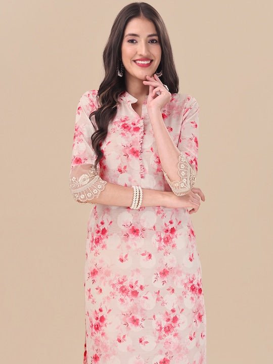 White Floral Printed Straight Kurta & Trousers With Dupatta - Inddus.com