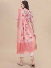 White Floral Printed Straight Kurta & Trousers With Dupatta - Inddus.com