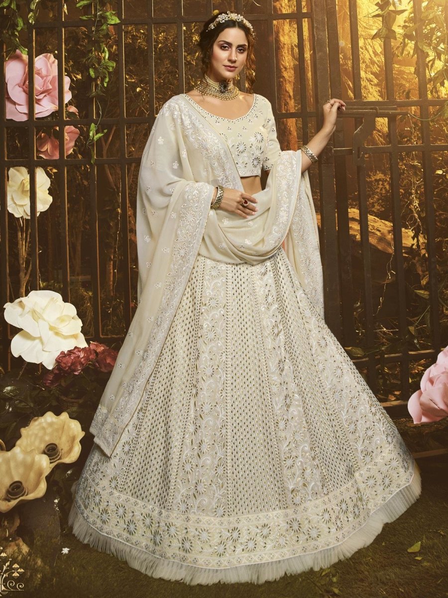 White Georgette Embroidered Lehenga Choli with Dupatta - inddus-us