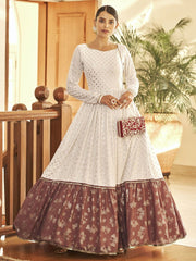 White Georgette Partywear Gown - Inddus.com
