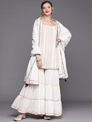 White Multi color Stripped Kurta with Tierred Sharara and Dupatta - inddus-us