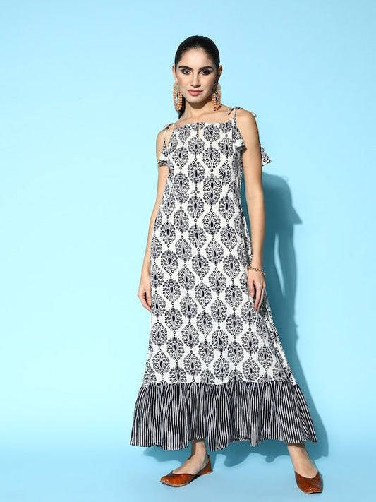 White & Navy Blue Floral Print Maxi Tiered Ethnic Dress - Inddus.com