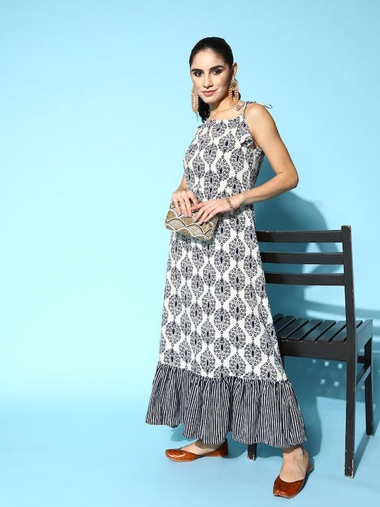 White & Navy Blue Floral Print Maxi Tiered Ethnic Dress - Inddus.com