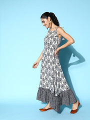 White & Navy Blue Floral Print Maxi Tiered Ethnic Dress - Inddus.com