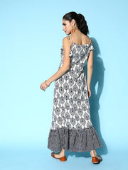 White & Navy Blue Floral Print Maxi Tiered Ethnic Dress - Inddus.com