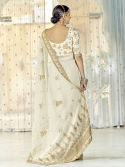 White Organza Thread Embroiderd Saree - Inddus.com