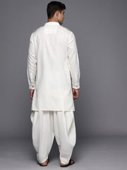 White Solid Linen Blend Pathani Kurta with Pyjamas - Inddus.com
