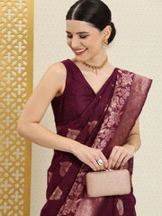 Wine and Gold Floral Embellished Zari Woven Saree - Inddus.com