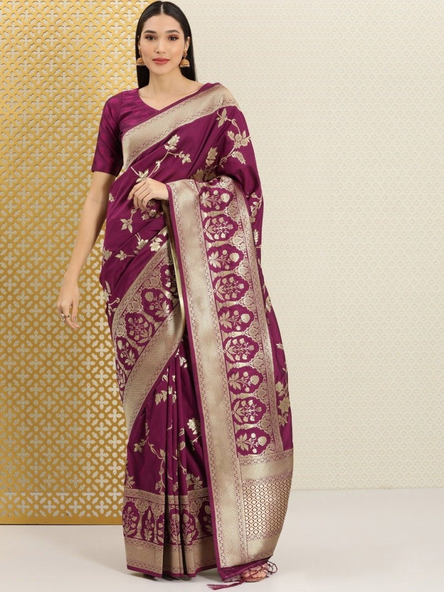 Wine and Gold Floral Zari Woven Traditional Banarasi Saree - Inddus.com