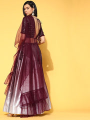 Wine Colour Lehenga with Blouse and Dupatta - Inddus.com