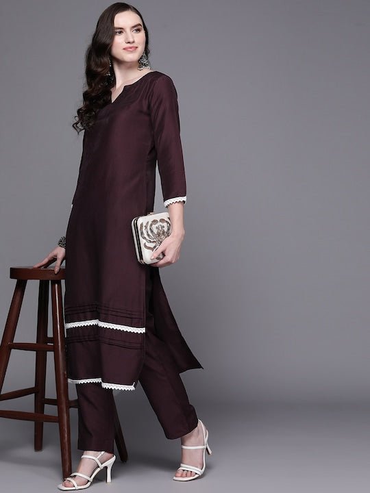 Wine-Coloured Lace Inserted Notched Neck Straight Kurta with Trousers - Inddus.com