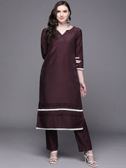 Wine-Coloured Lace Inserted Notched Neck Straight Kurta with Trousers - Inddus.com