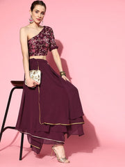 Wine Embroidered Crop Top with Layered Skirt - Inddus.com