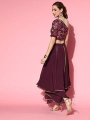 Wine Embroidered Crop Top with Layered Skirt - Inddus.com