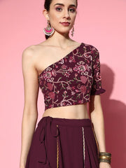 Wine Embroidered Crop Top with Layered Skirt - Inddus.com