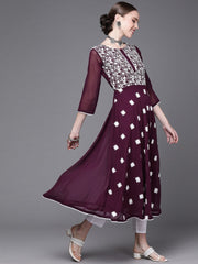 Wine Embroidered Kurta - Inddus.com