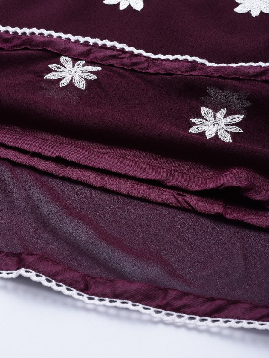 Wine Embroidered Kurta - Inddus.com
