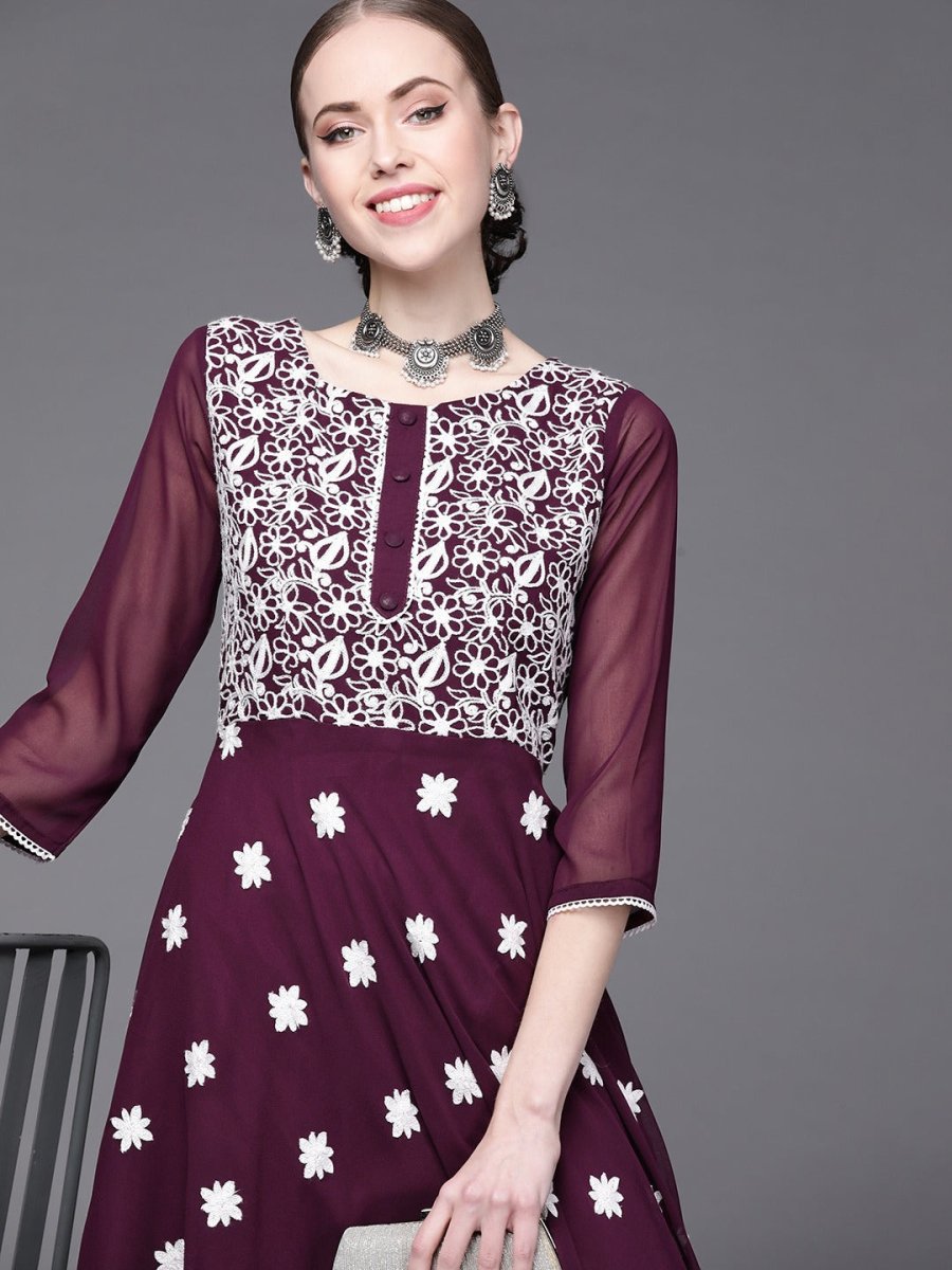 Wine Embroidered Kurta - Inddus.com