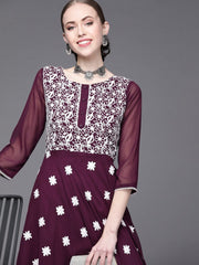 Wine Embroidered Kurta - Inddus.com