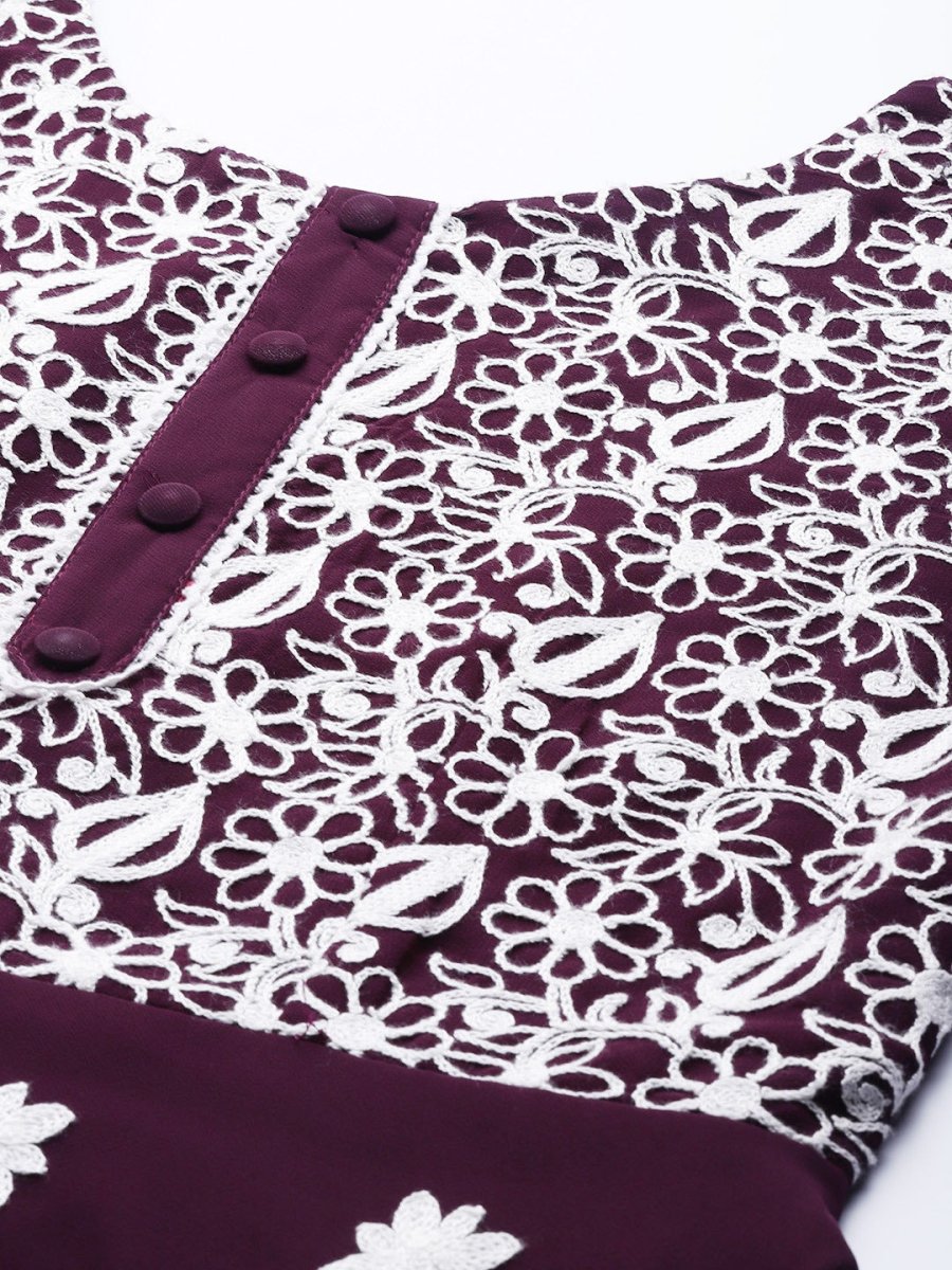 Wine Embroidered Kurta - Inddus.com
