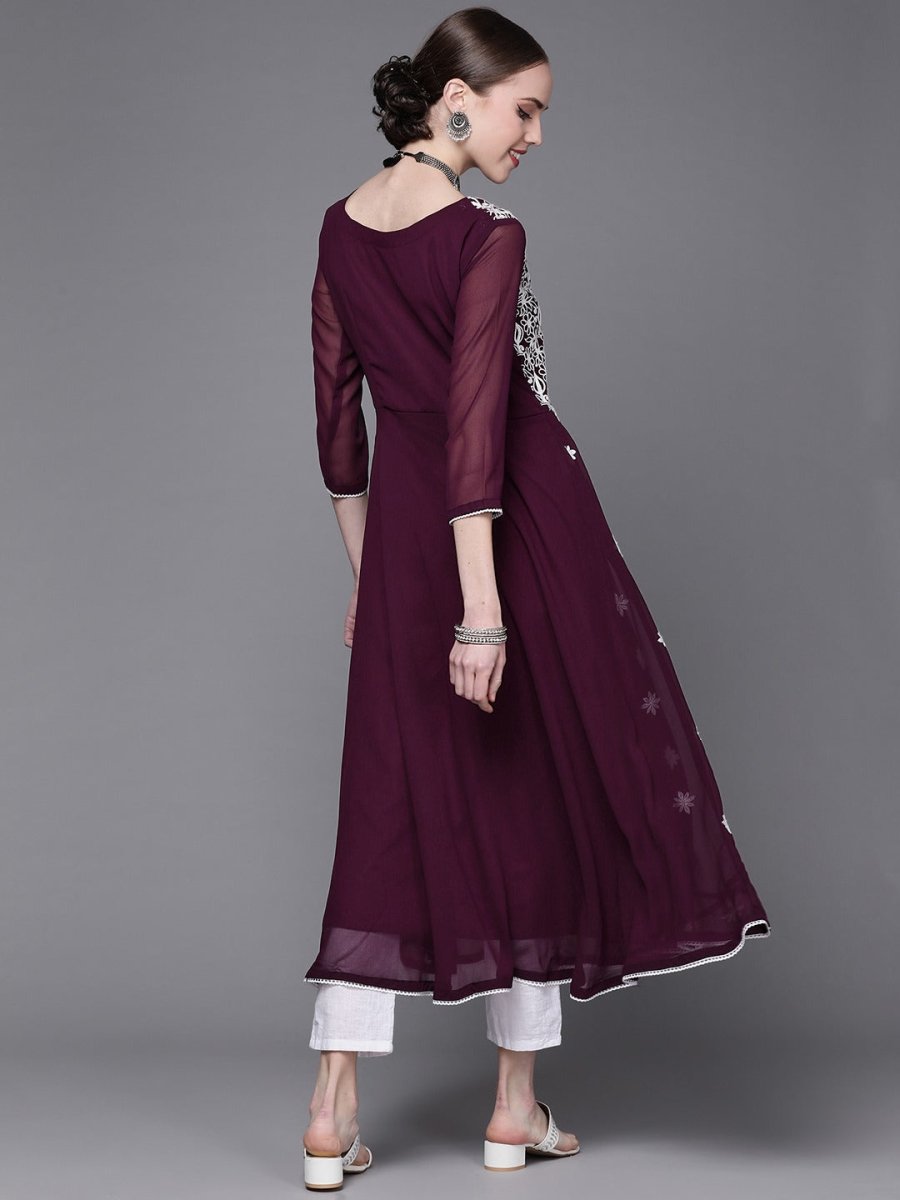Wine Embroidered Kurta - Inddus.com