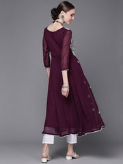 Wine Embroidered Kurta - Inddus.com