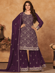 Wine Embroidered Partywear Sharara Style Suit - Inddus.com