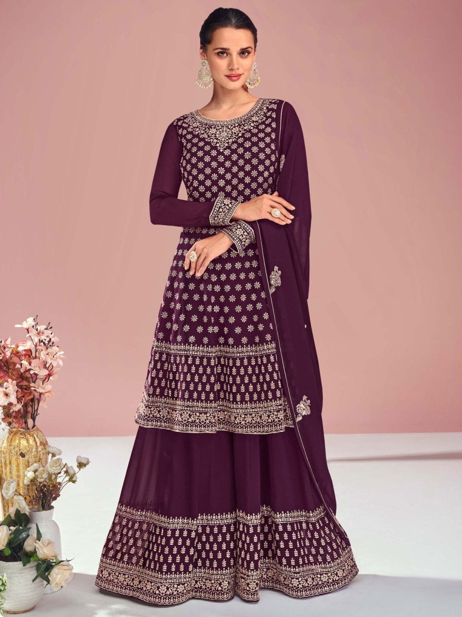 Wine Embroidered Partywear Sharara Style Suit - Inddus.com