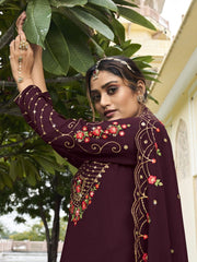 Wine Embroidered Partywear Sharara-Suit - Inddus.com
