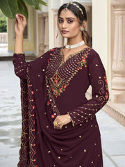 Wine Embroidered Partywear Sharara-Suit - Inddus.com