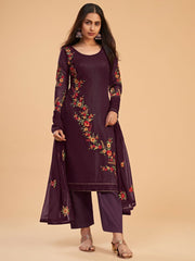 Wine Embroidered Partywear Straight-Cut-Suit - Inddus.com